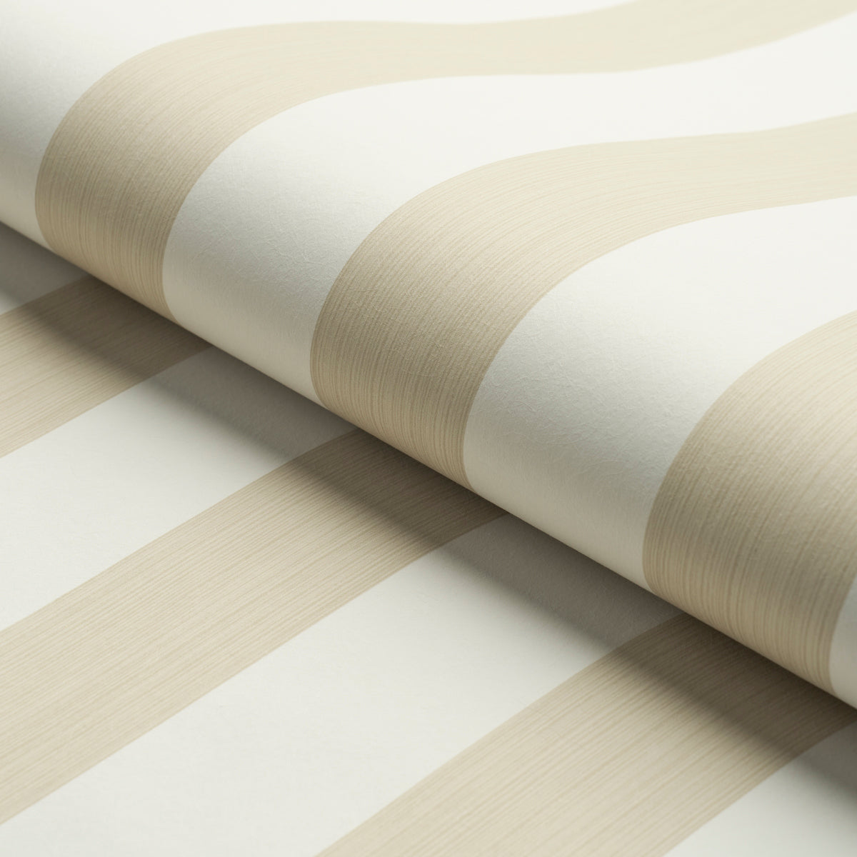 Beige and cream wide striped wallpaper roll with subtle brushed texture.