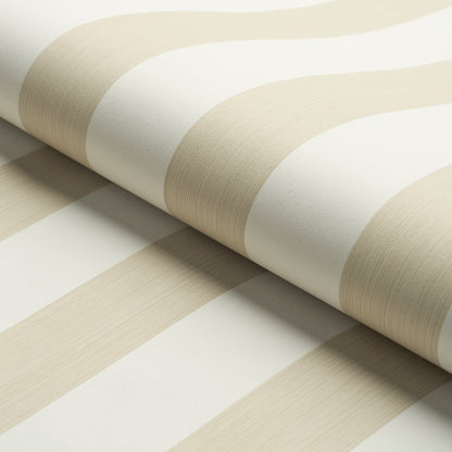 Beige and cream wide striped wallpaper roll with subtle brushed texture.