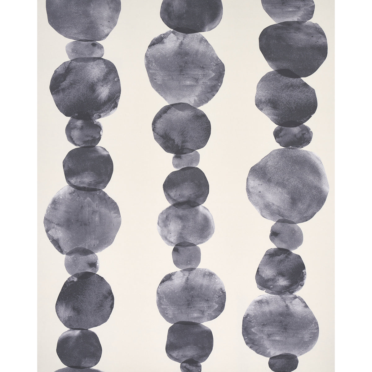 Abstract wallpaper design featuring three vertical strings of navy blue circular discs on a cream background.