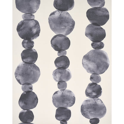 Abstract wallpaper design featuring three vertical strings of navy blue circular discs on a cream background.