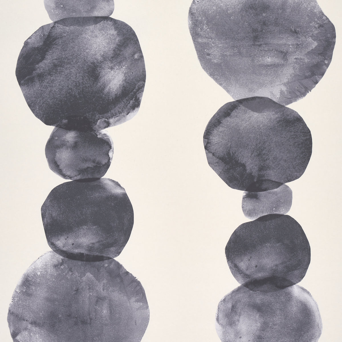 Abstract off-black watercolor circles stacked in two vertical columns; textile/wall art print.
