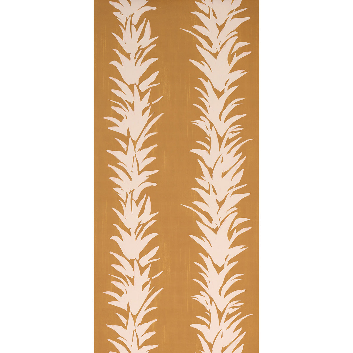 Mustard rug with two vertical white palm-leaf motifs.