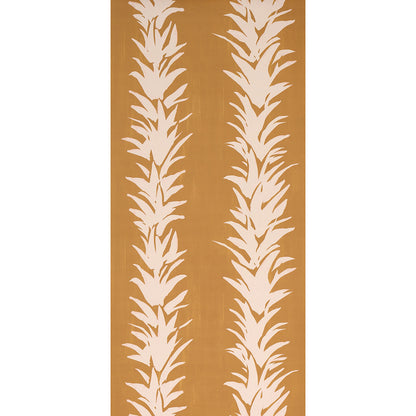 Mustard rug with two vertical white palm-leaf motifs.