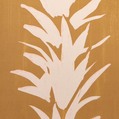 Deep yellow backdrop with white lotus motif.