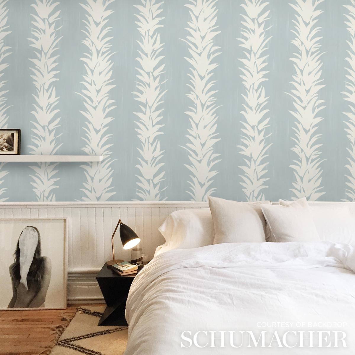 Soft blue White Lotus botanical wallpaper with abstract painterly lotus flowers and subtle stripe pattern, luxury non-woven designer wall covering for elegant accent walls, modern wallpaper for bedrooms and living rooms, Schumacher Backdrop collaboration SKU 5013664