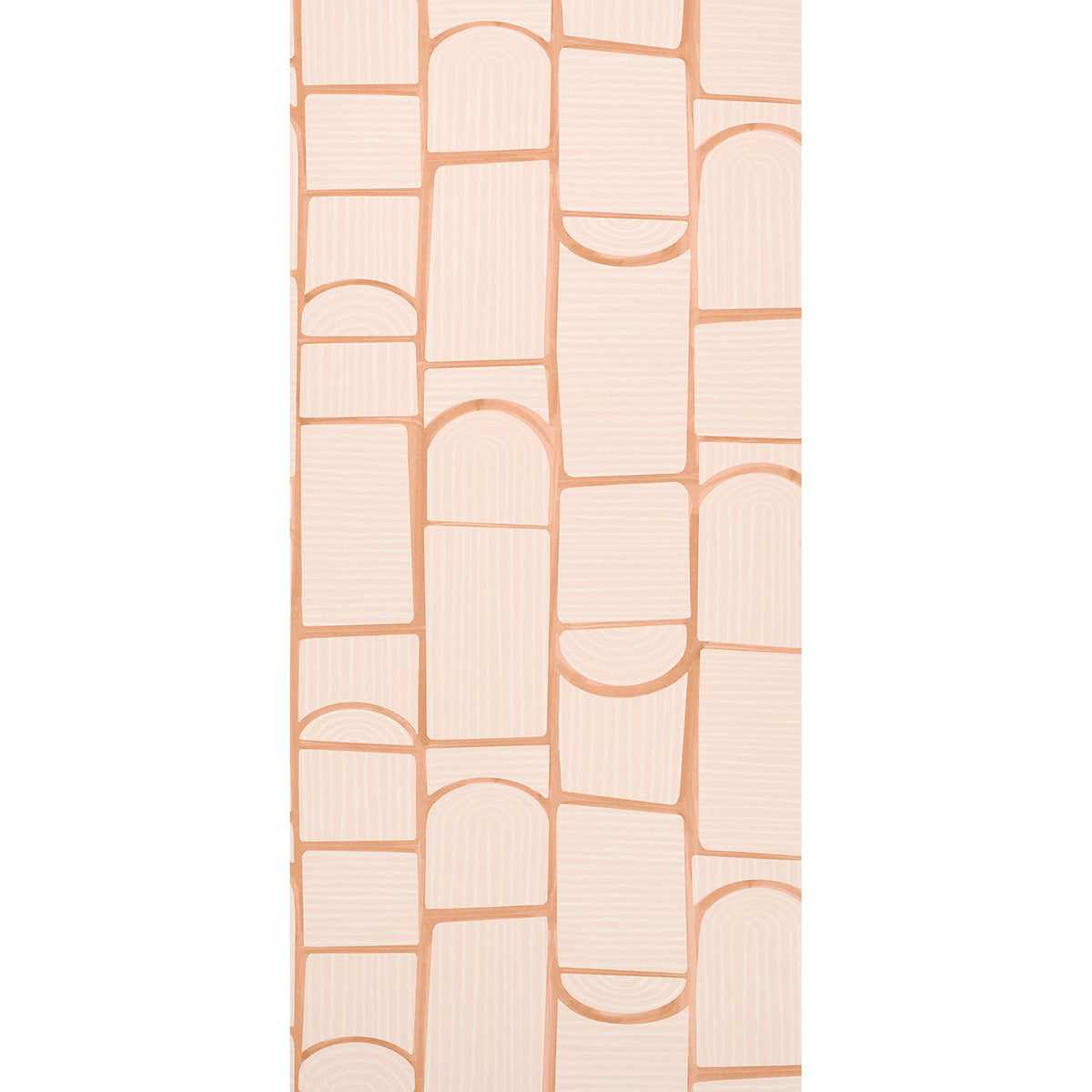 Light pink geometric wallpaper with vertical stacked rounded-arch blocks in a brick-like pattern.