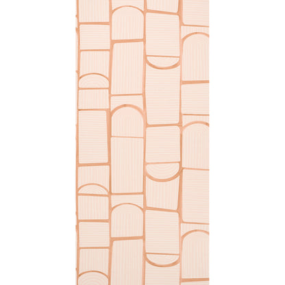 Light pink geometric wallpaper with vertical stacked rounded-arch blocks in a brick-like pattern.