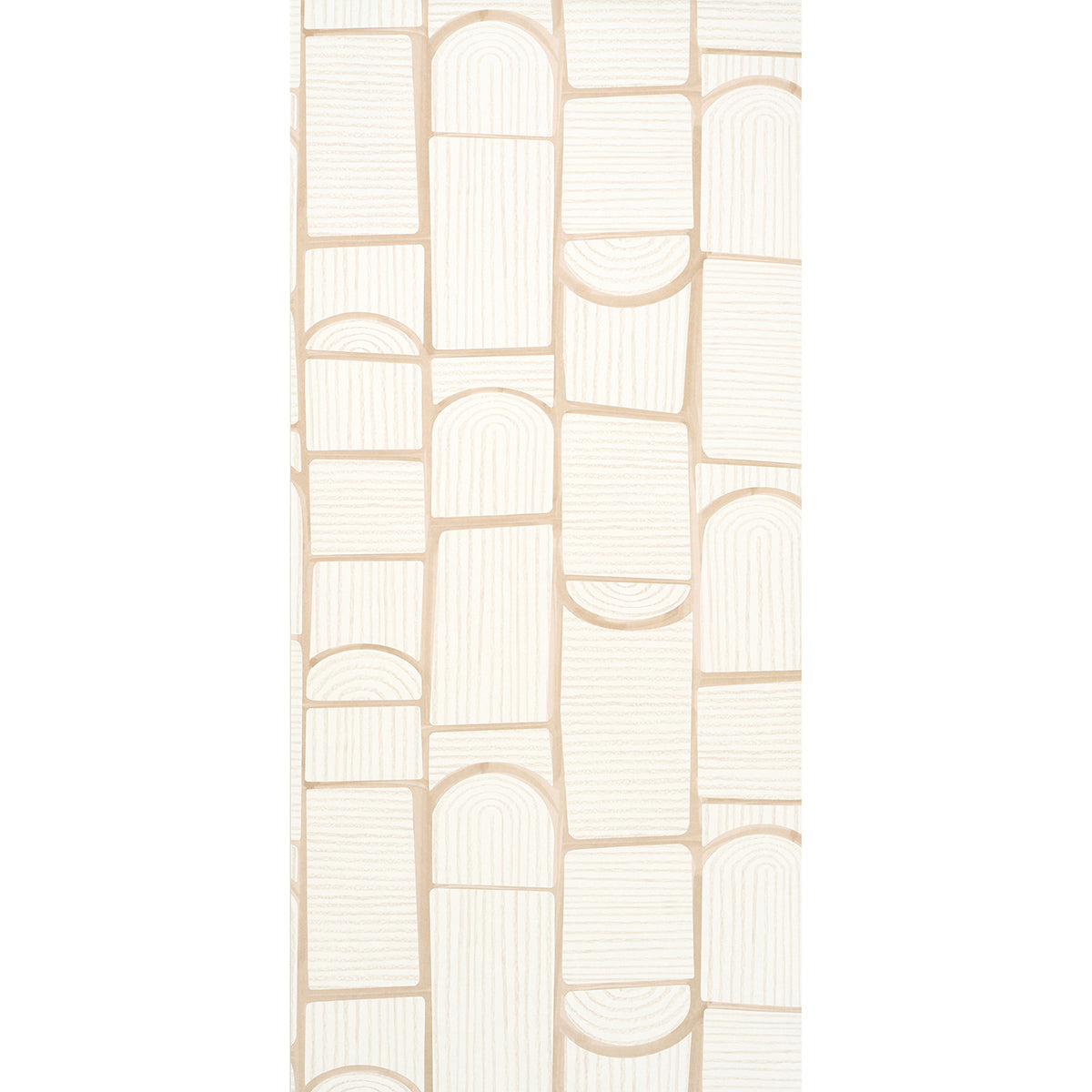 Beige wallpaper with vertical panels of rounded arches & wood-grain texture, geometric tile-like pattern.