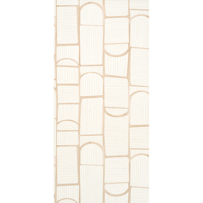 Beige wallpaper with vertical panels of rounded arches & wood-grain texture, geometric tile-like pattern.