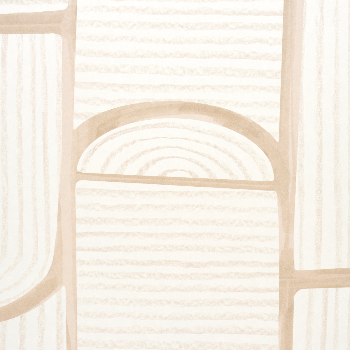 Soft peach geometric wallpaper with rounded arches and vertical stripe blocks on a beige background.