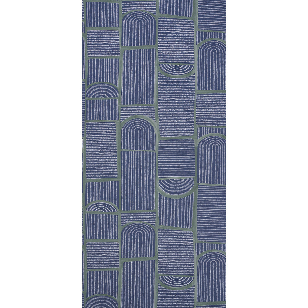 Navy geometric rug with vertical striped blocks and arched motifs separated by olive-green grid lines.