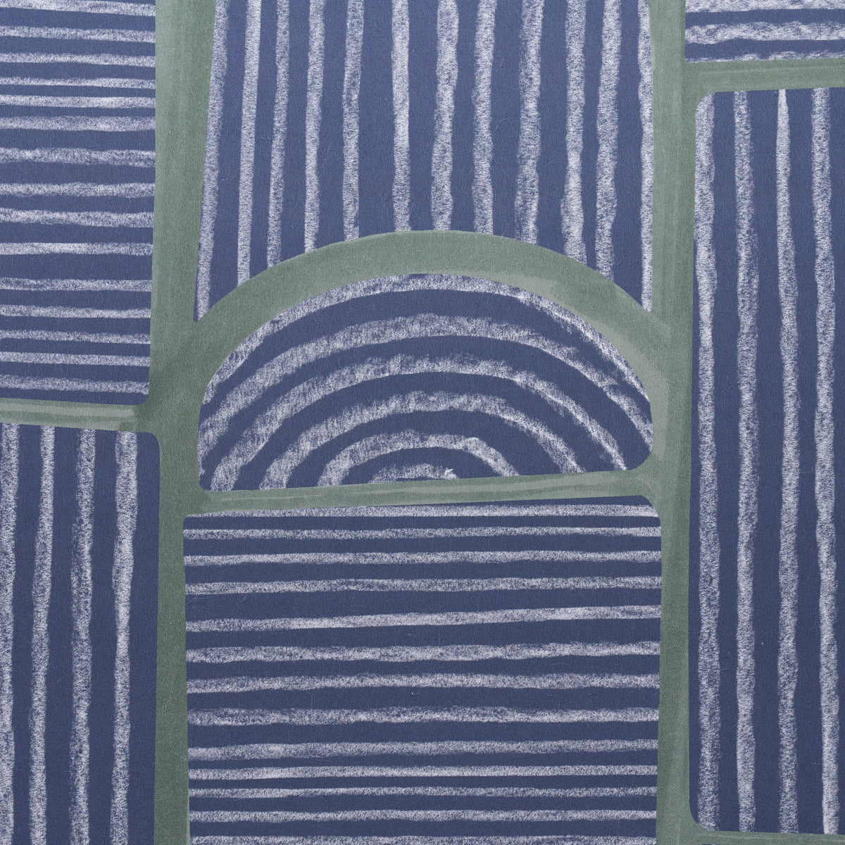 Deep navy patchwork rug with striped panels and arch motif; modern geometric design for living room or hallway.