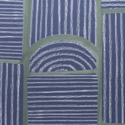 Deep navy patchwork rug with striped panels and arch motif; modern geometric design for living room or hallway.