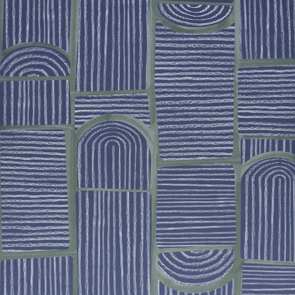 Deep navy and white wallpaper with a repeating geometric arch pattern.