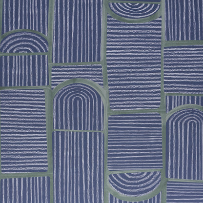 Deep navy and white wallpaper with a repeating geometric arch pattern.