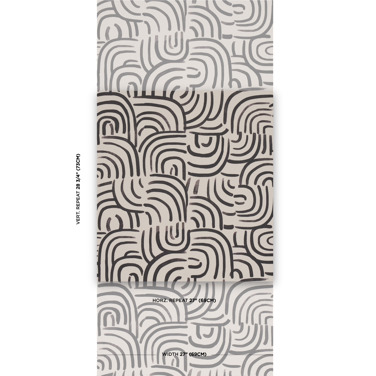 Rectangular gray wallpaper sample with a dark curved labyrinth print; abstract geometric pattern.