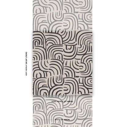 Rectangular gray wallpaper sample with a dark curved labyrinth print; abstract geometric pattern.