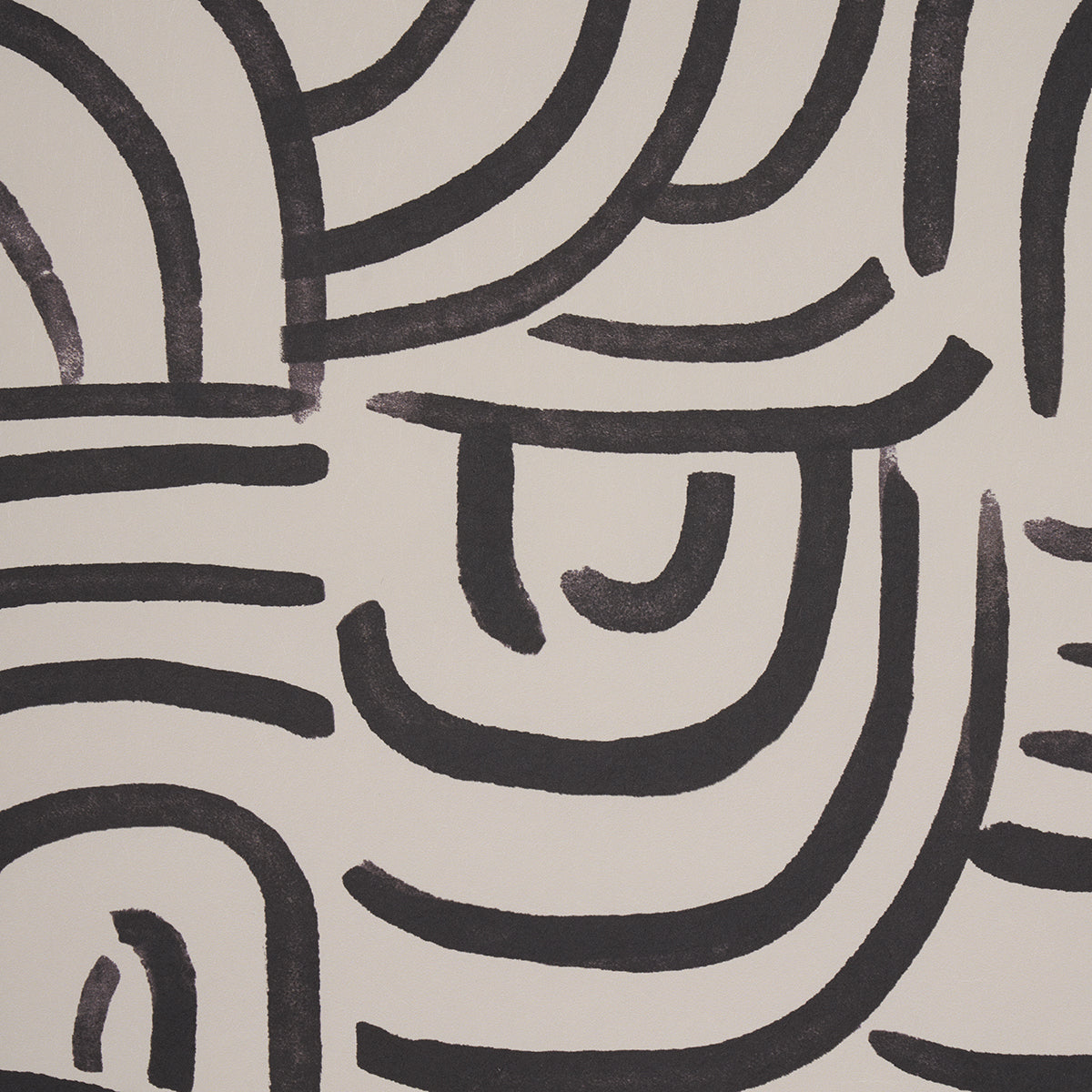 Beige background with bold black curved lines forming an abstract geometric pattern; modern line art style.