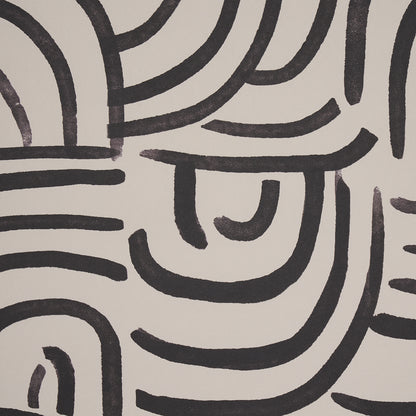 Beige background with bold black curved lines forming an abstract geometric pattern; modern line art style.