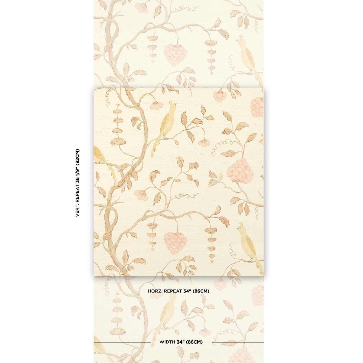 Cream wallpaper with beige vines, pink berries and small yellow birds in a delicate botanical pattern.