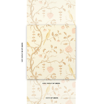 Cream wallpaper with beige vines, pink berries and small yellow birds in a delicate botanical pattern.