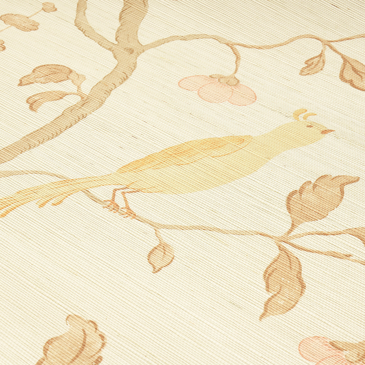 Watercolor-style wallcovering featuring a wisteria floral pattern in amber and rose on a textured grasscloth background.