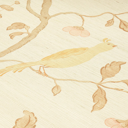 Watercolor-style wallcovering featuring a wisteria floral pattern in amber and rose on a textured grasscloth background.