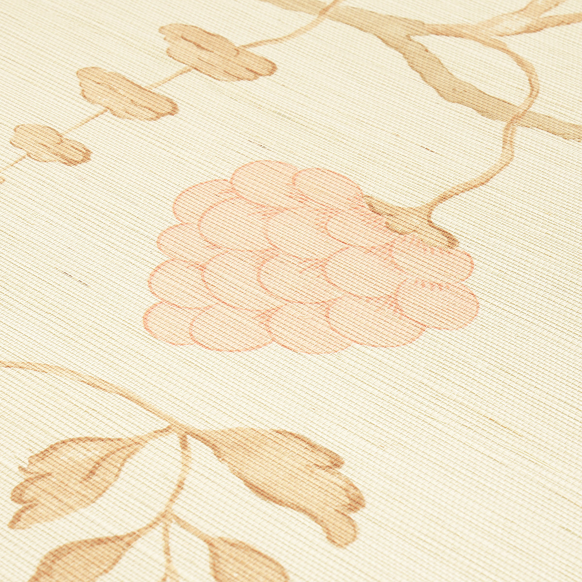 Soft pink grape cluster motif on cream-beige textured wallcovering with tan grapevine leaves.