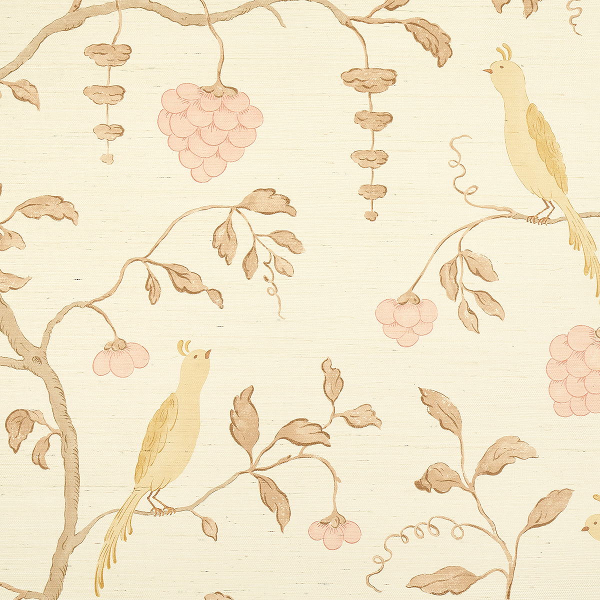 Soft beige textured grasscloth wallcovering with a printed wisteria floral motif in amber and rose tones.
