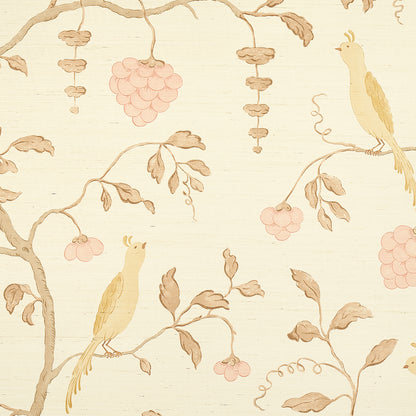 Soft beige textured grasscloth wallcovering with a printed wisteria floral motif in amber and rose tones.