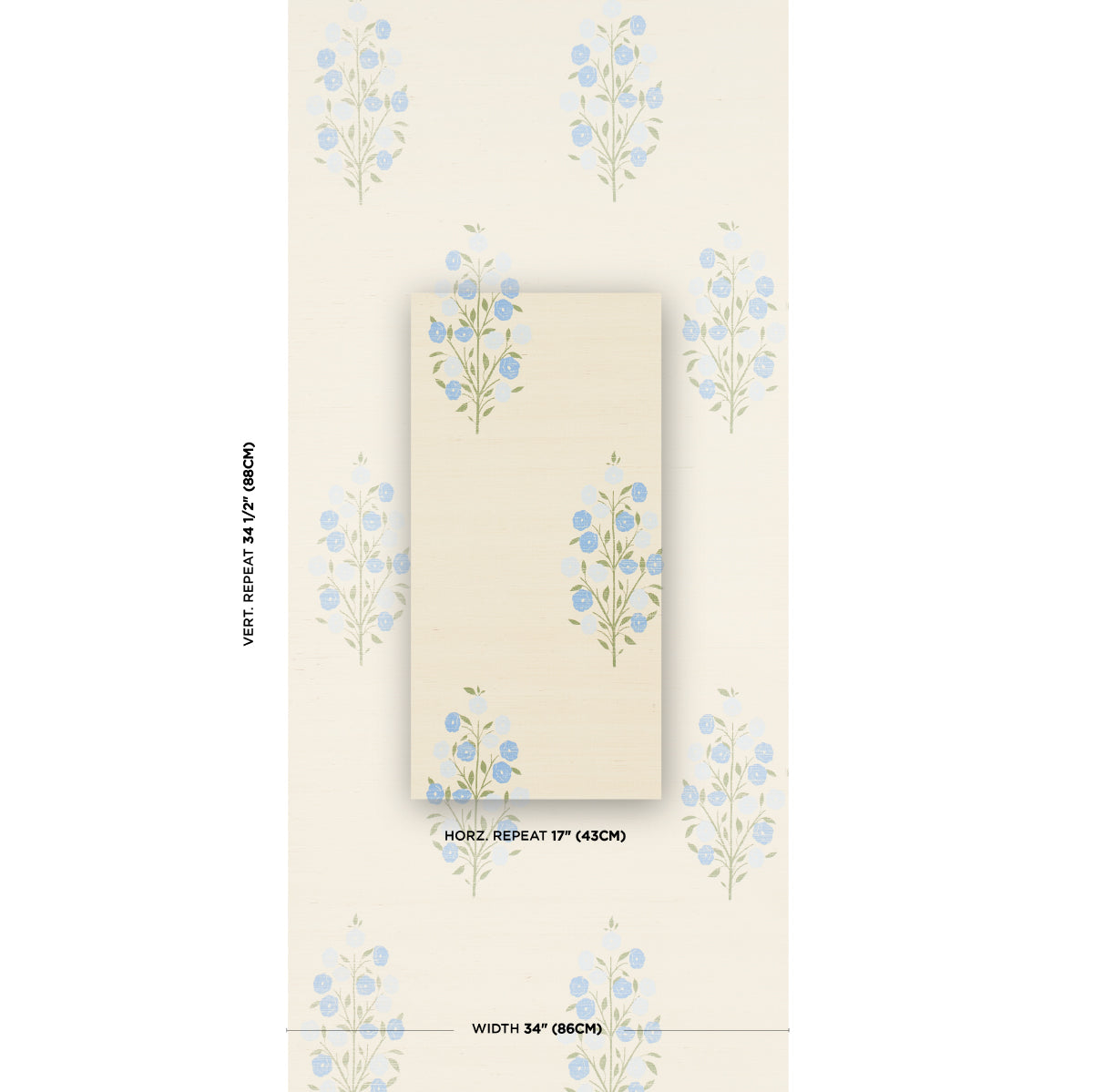 Cream wallpaper with blue botanical sprigs on ivory; horizontal repeat 17 in, width 34 in; display with sample panels.