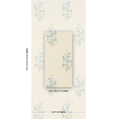 Cream wallpaper with blue botanical sprigs on ivory; horizontal repeat 17 in, width 34 in; display with sample panels.