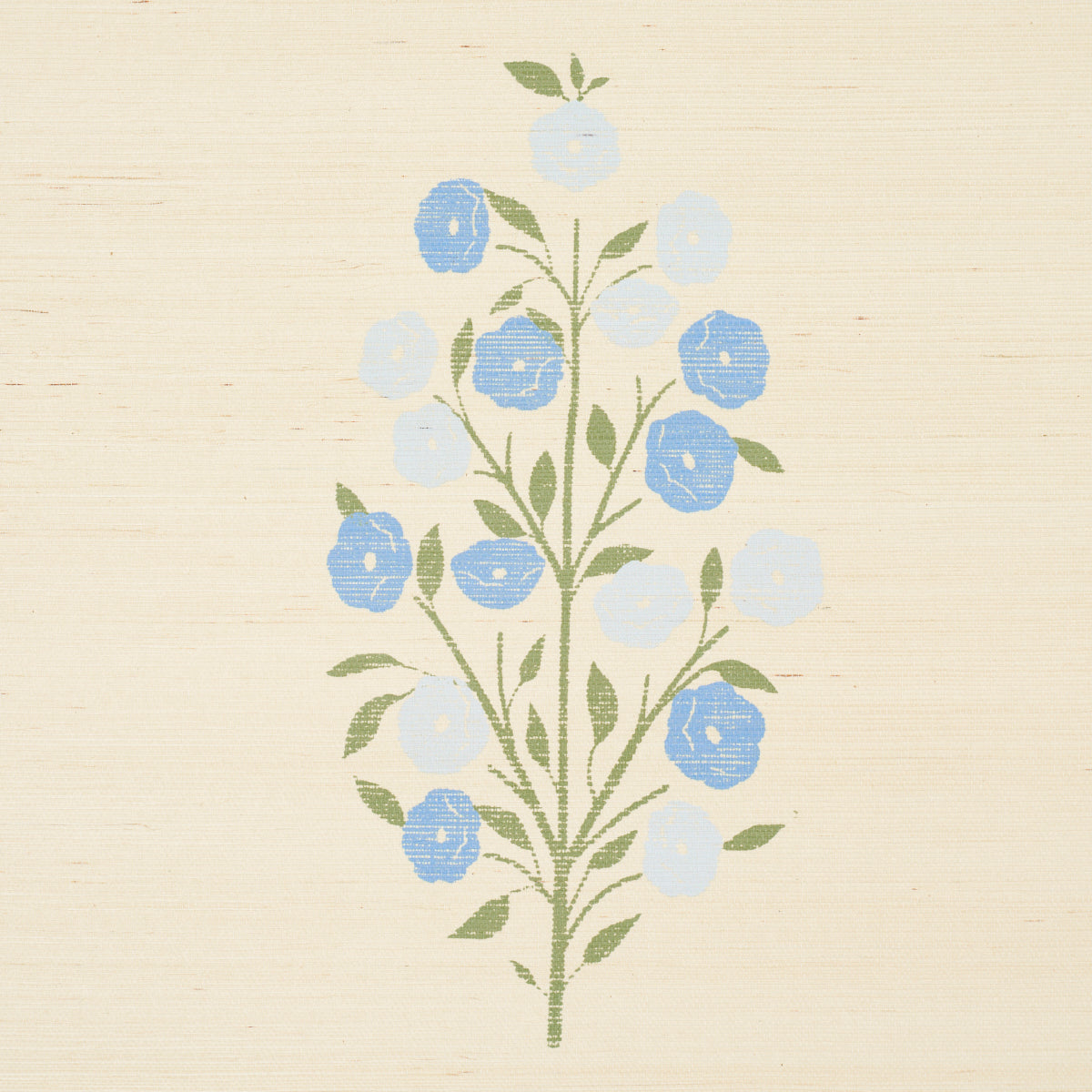 Sisal background with a vertical blue floral bouquet and green stems.