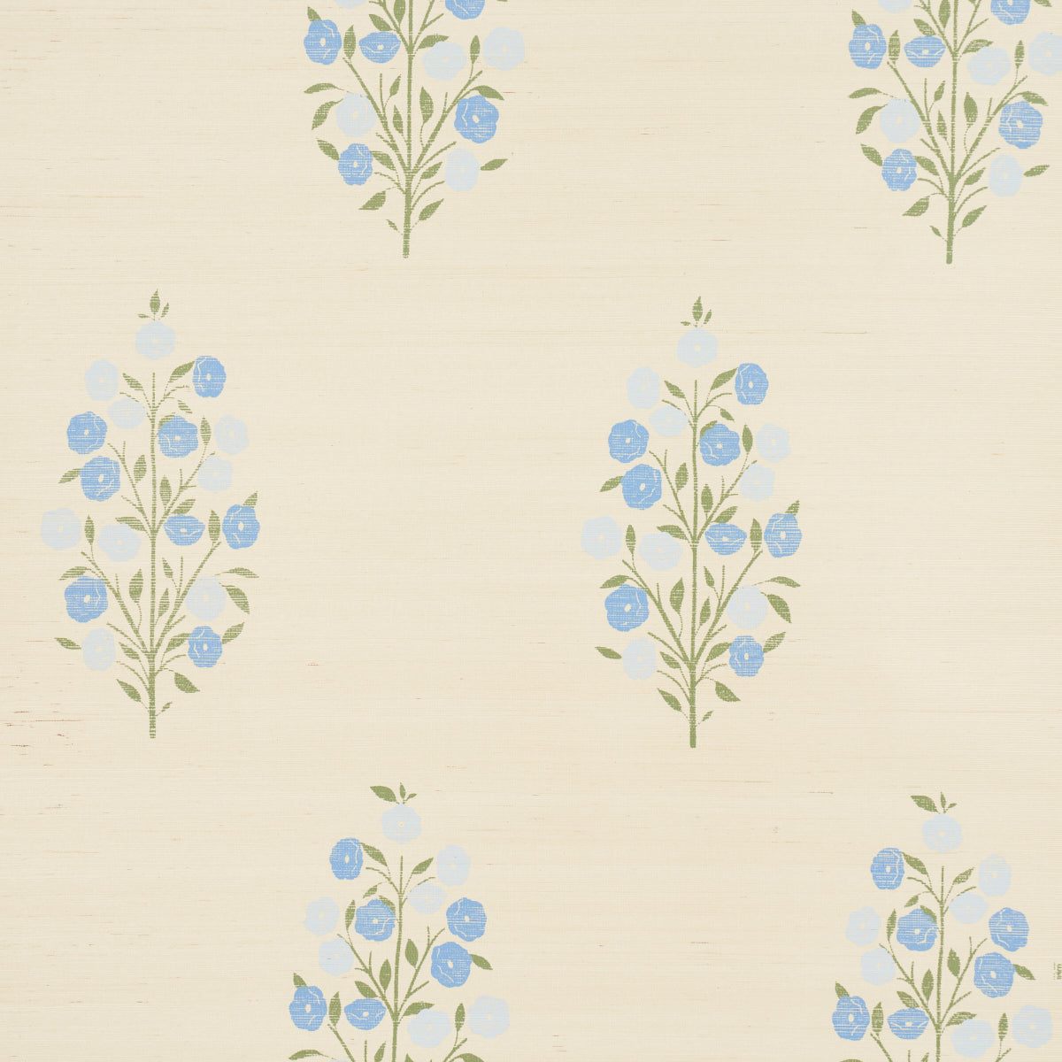 Cream wallpaper with blue floral clusters on olive stems in a repeating botanical pattern.