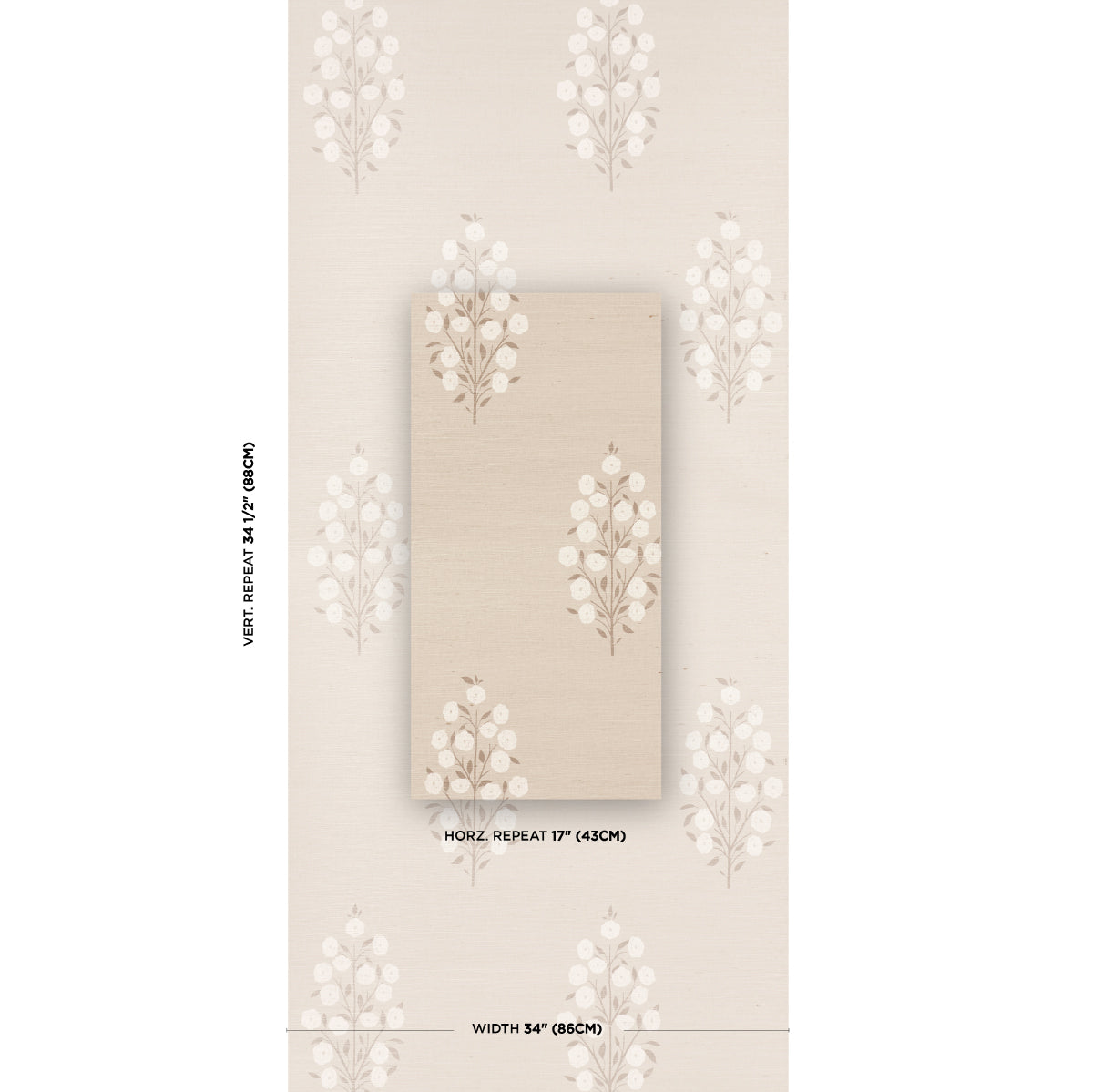 Beige sisal-textured wallpaper with white botanical tree motifs; vertical repeat with sample panels.