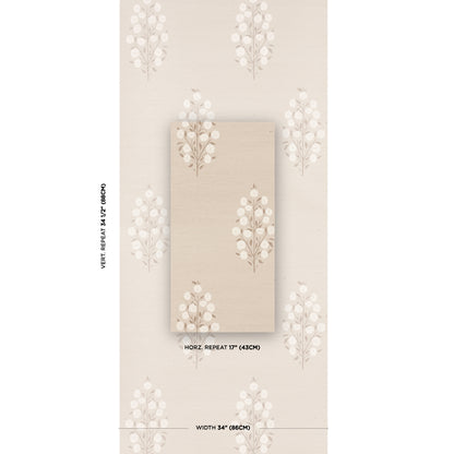 Beige sisal-textured wallpaper with white botanical tree motifs; vertical repeat with sample panels.