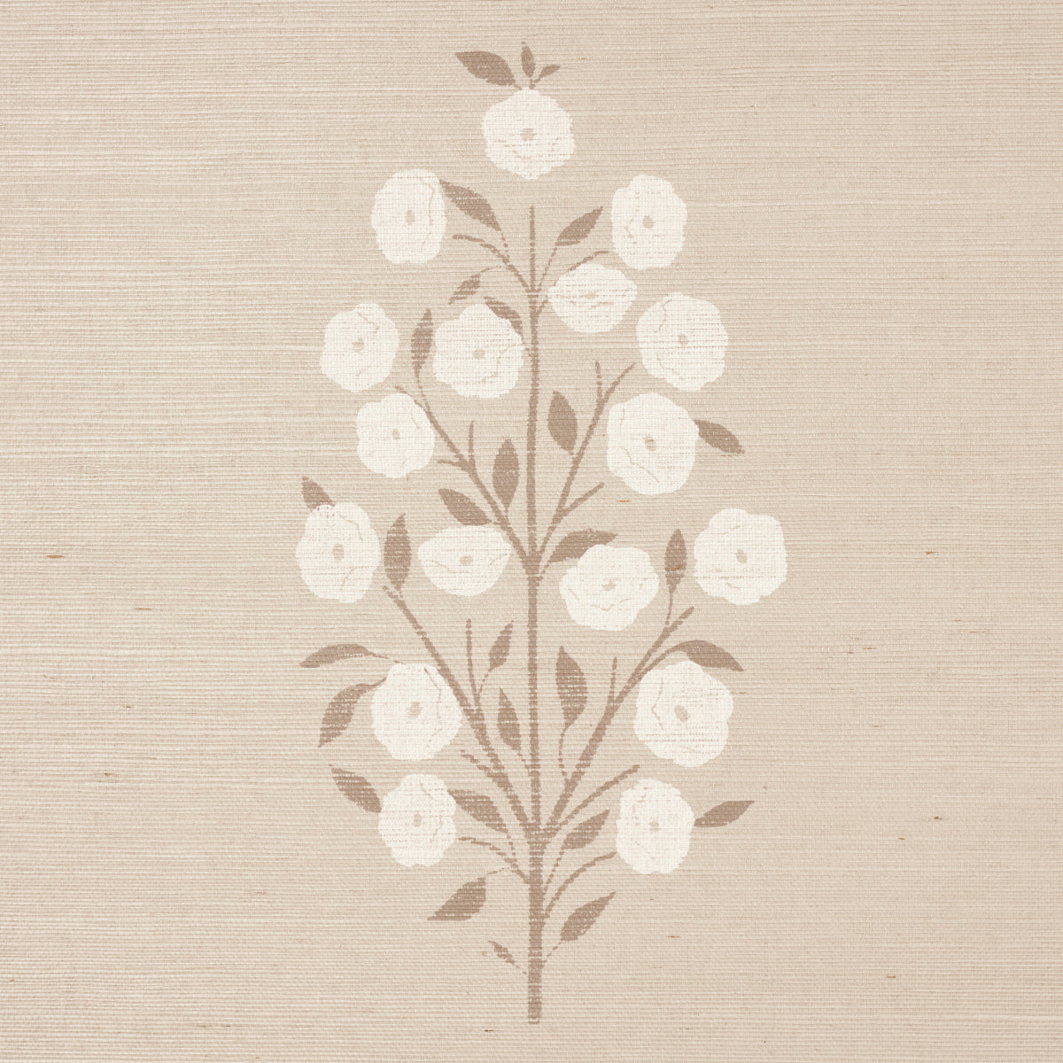 Beige sisal-textured wallpaper with cream-white flowers on brown stems in a botanical pattern.