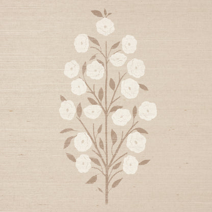 Beige sisal-textured wallpaper with cream-white flowers on brown stems in a botanical pattern.