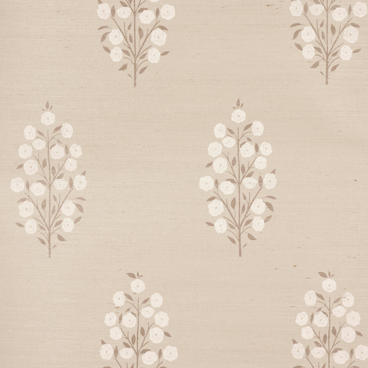 Beige wallpaper with repeating cream floral sprigs on brown stems in a vintage botanical pattern.