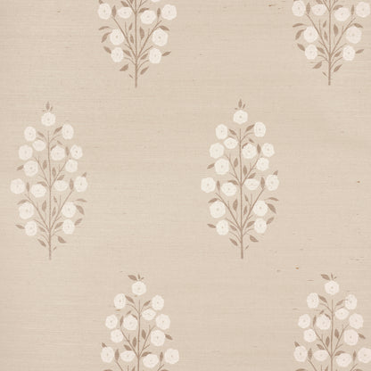 Beige wallpaper with repeating cream floral sprigs on brown stems in a vintage botanical pattern.