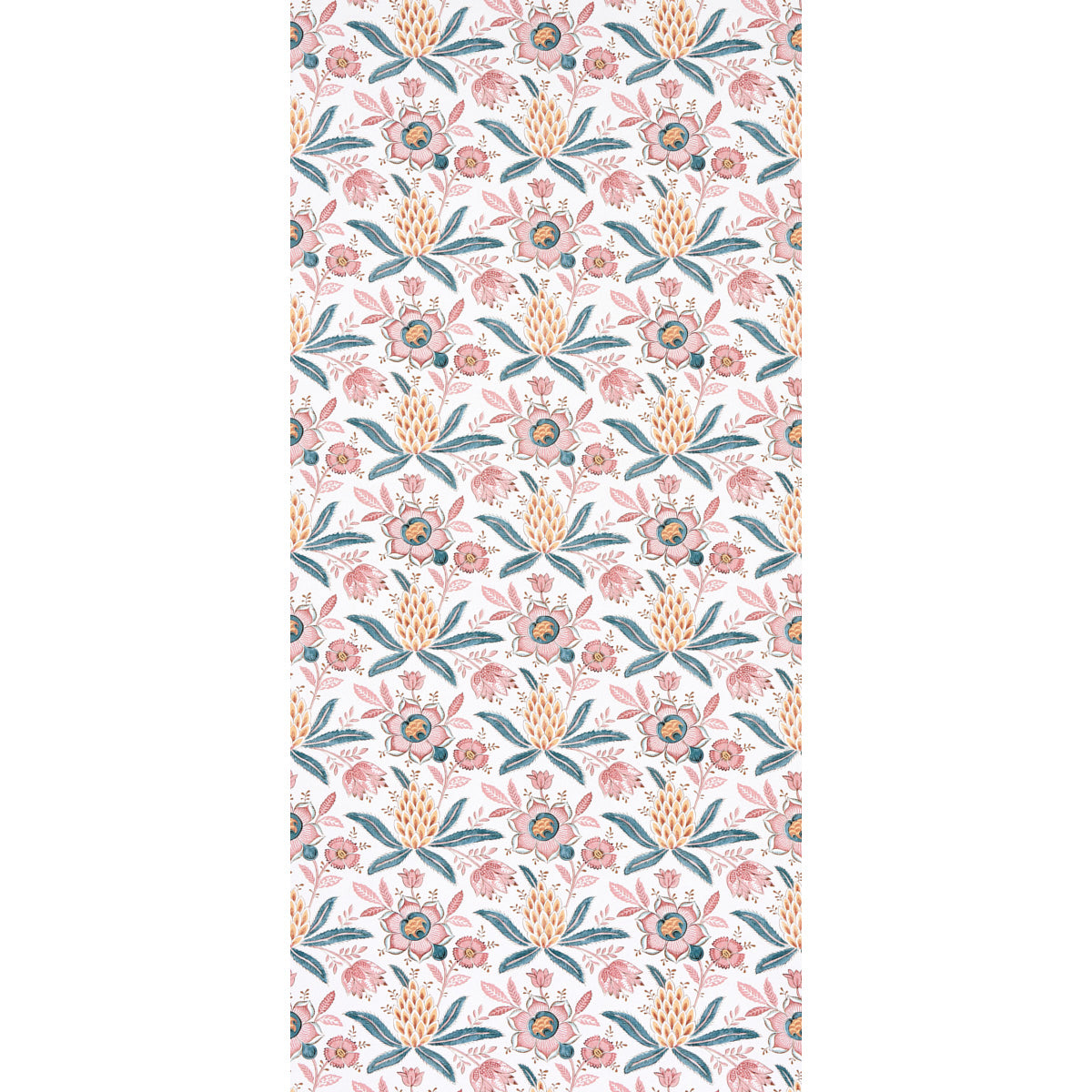 Repeating pastel floral pattern with pink blossoms, teal leaves and yellow wheat-like stalks.