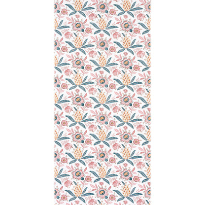 Repeating pastel floral pattern with pink blossoms, teal leaves and yellow wheat-like stalks.