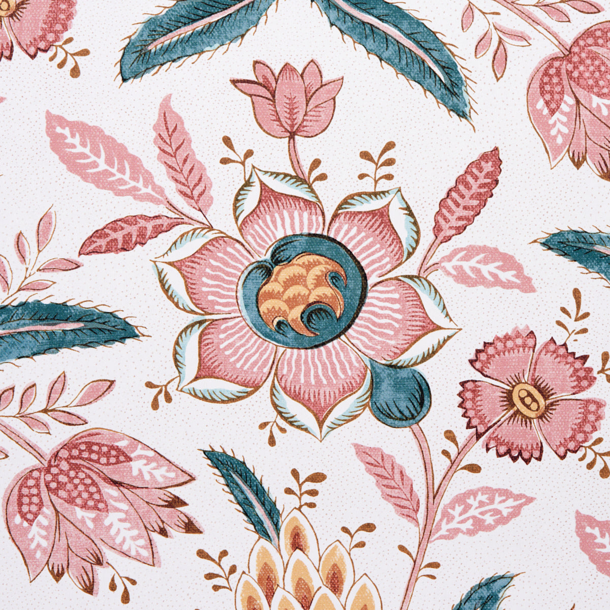 Floral fabric pattern with pink blossoms, teal leaves, and gold accents on a pale background.