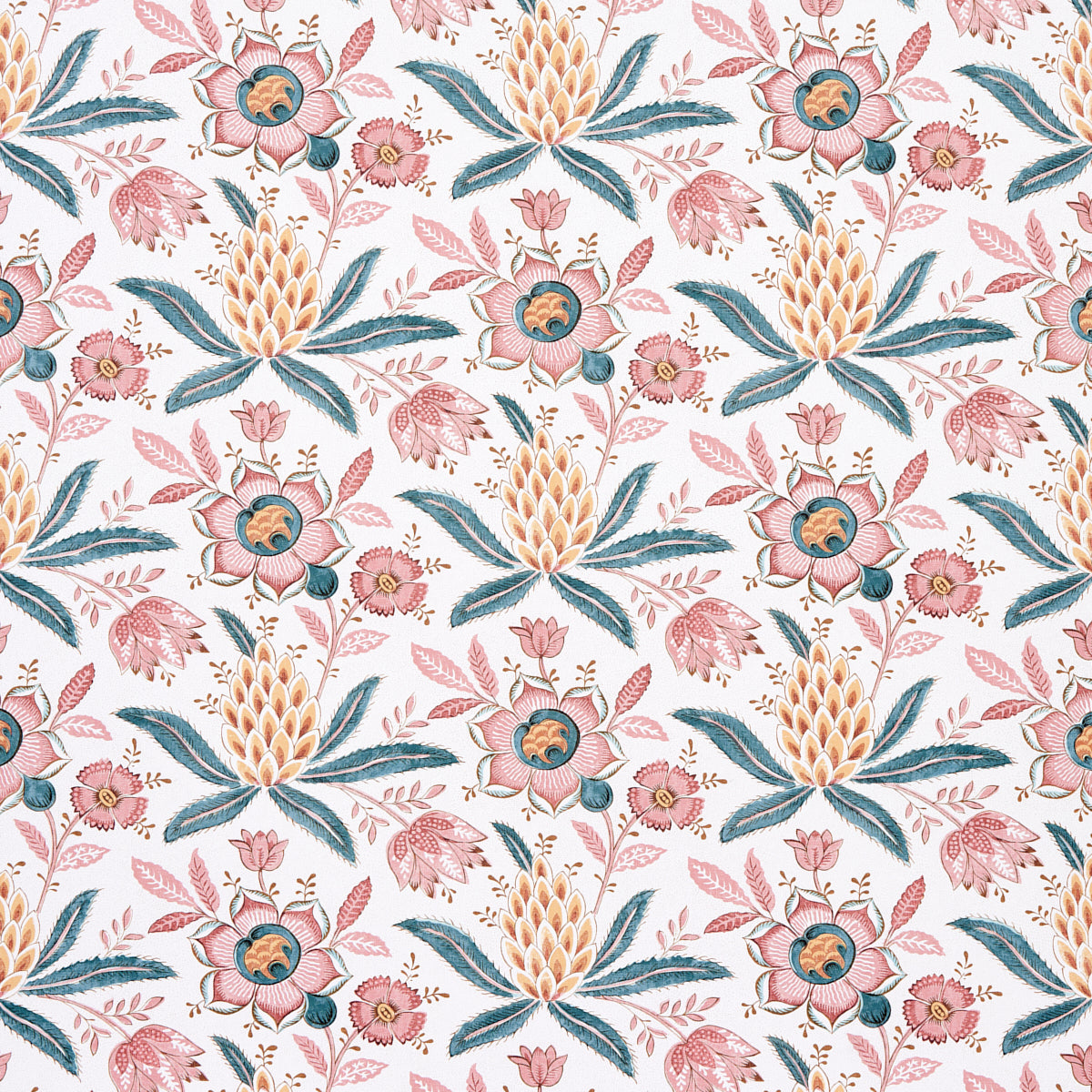 Patterned fabric featuring pink blossoms, blue-green leaves, and yellow cone flowers on white background.
