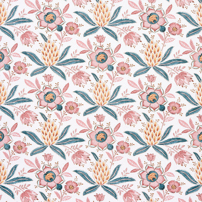 Patterned fabric featuring pink blossoms, blue-green leaves, and yellow cone flowers on white background.