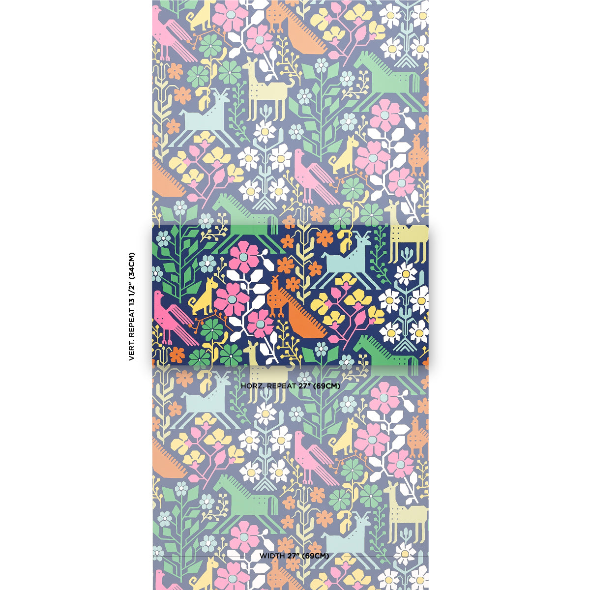 Rectangular scarf with a woodland floral pattern featuring flowers, leaves, birds and deer on a navy background.
