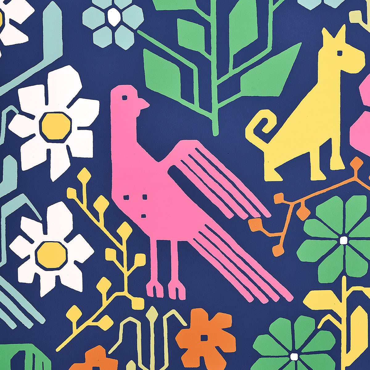 Navy fabric print with bright pink bird, yellow stylized dog, white daisies, and green leaves in a folk-art floral design.