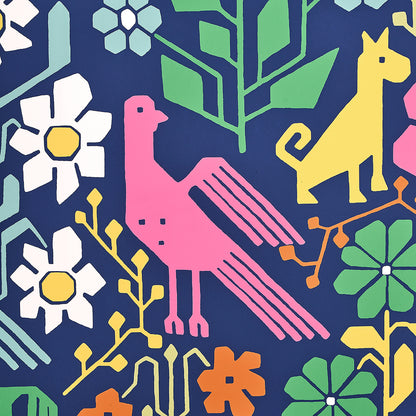 Navy fabric print with bright pink bird, yellow stylized dog, white daisies, and green leaves in a folk-art floral design.
