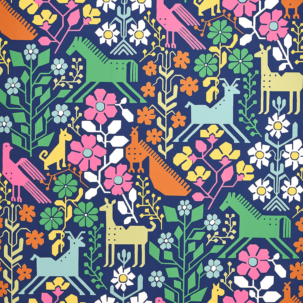 Colorful fabric pattern on navy background with pink, green, orange & yellow elements.
