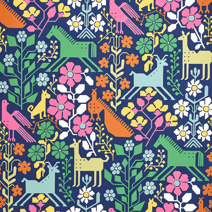 Colorful fabric pattern on navy background with pink, green, orange & yellow elements.
